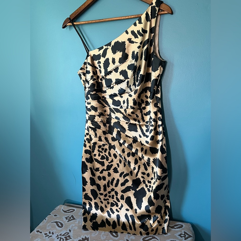 David Meister One-shoulder Leopard Print Cocktail Dress Size 8 - Picture 1 of 6